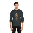 Model wearing an environmentally friendly long sleeve tee featuring a detailed warrior design