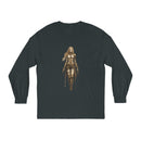 Dark green environmentally friendly long sleeve tee featuring a warrior design for casual wear
