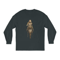 Dark green environmentally friendly long sleeve tee featuring a warrior design for casual wear