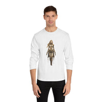 Model wearing an environmentally friendly long sleeve tee featuring a unique graphic design