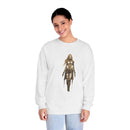 Model wearing an environmentally friendly long sleeve tee featuring an artistic character design