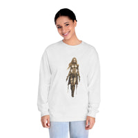Model wearing an environmentally friendly long sleeve tee featuring an artistic character design