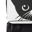 Close-up of Nine Lives cat design backpack by Printify showing black and white cat face print and front buckle