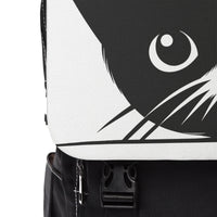 Close-up of Nine Lives cat design backpack by Printify showing black and white cat face print and front buckle