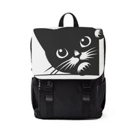 Printify black backpack featuring a Nine Lives cat design backpack with a curious cat face on the flap