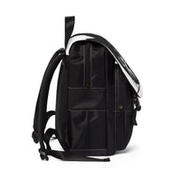Side view of black Nine Lives cat design backpack with padded straps and multiple zippered pockets