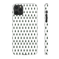 Printify winter forest snap case with dark green tree pattern on white background for iPhone