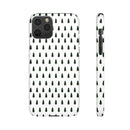 Printify winter forest snap case featuring a white background with repeating green pine tree pattern