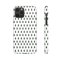 Printify winter forest snap case featuring a white background with repeating green pine tree pattern