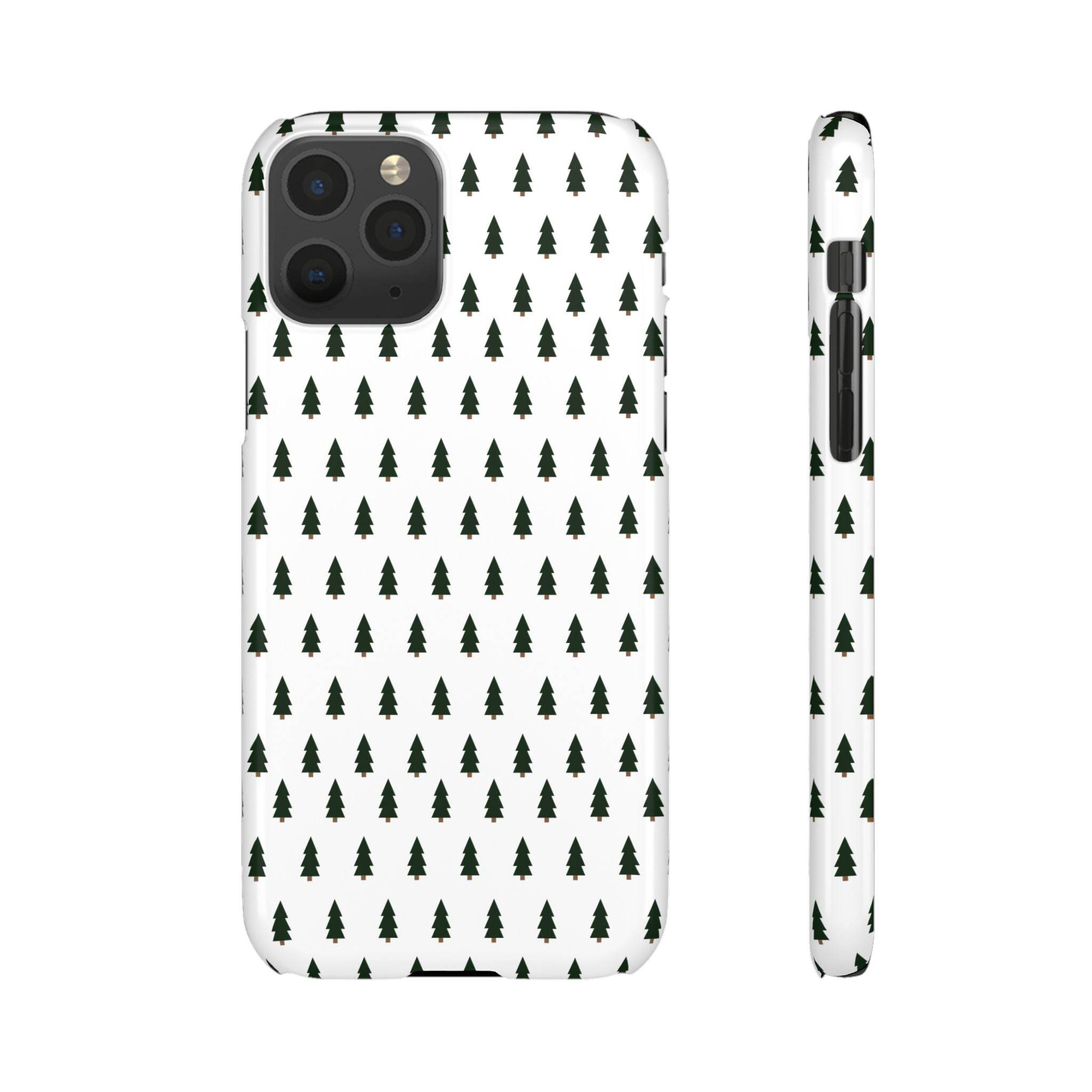 Printify winter forest snap case featuring a white background with repeating green pine tree pattern
