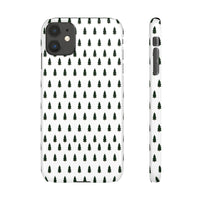 Printify phone case featuring a winter forest snap case design with green pine trees on white background