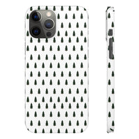 Printify winter forest snap case with dark green tree pattern on white background for phone protection