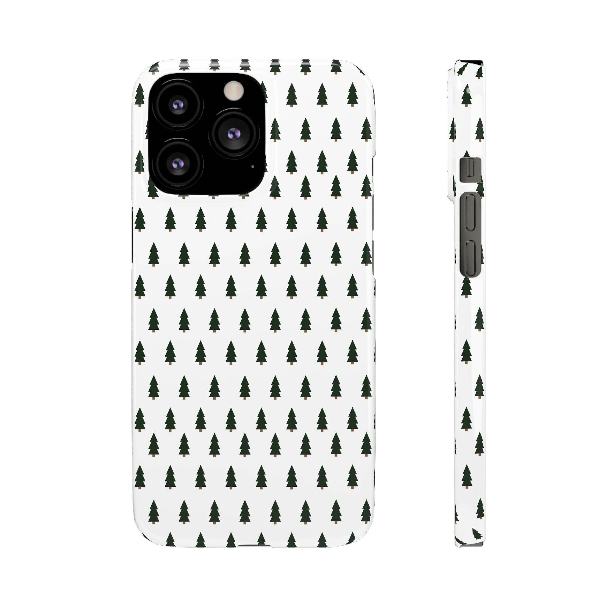 Printify winter forest snap case with green pine tree pattern on white background for phone protection