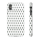 Printify phone case featuring a winter forest snap case design with small green pine trees pattern