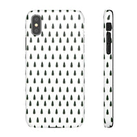 Printify phone case featuring a winter forest snap case design with small green pine trees pattern