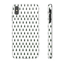 Printify phone case with winter forest snap case design featuring small green pine trees on white background