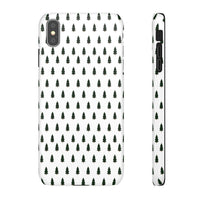 Printify phone case with winter forest snap case design featuring small green pine trees on white background