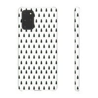 Printify winter forest snap case with repeating dark green pine trees pattern on white background