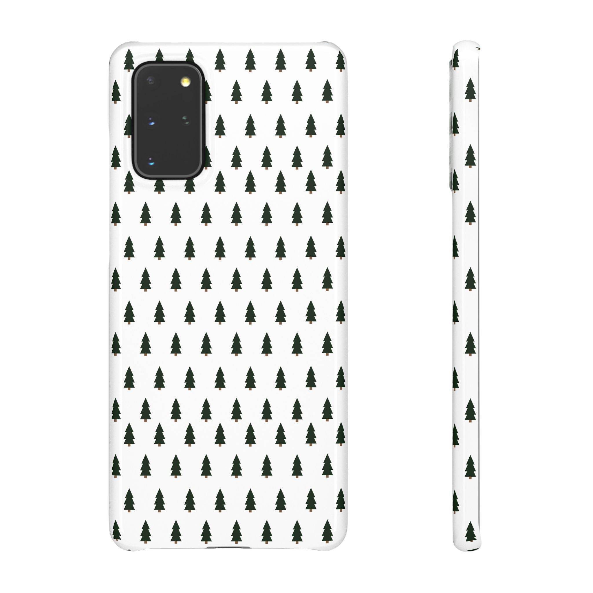 Printify winter forest snap case with repeating dark green pine trees pattern on white background