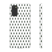 Printify phone case with winter forest snap case design featuring small green trees on white background