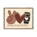 Printify eco-friendly woven blanket with peace sign, heart, coffee cup design and fringe edges