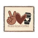 Printify eco-friendly woven blanket featuring peace sign, heart, and coffee cup design with Peace Love Coffee text