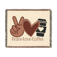 Printify eco-friendly woven blanket featuring peace sign, heart, and coffee cup design with Peace Love Coffee text