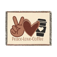 Printify eco-friendly woven blanket with peace sign heart coffee cup design and fringe edges