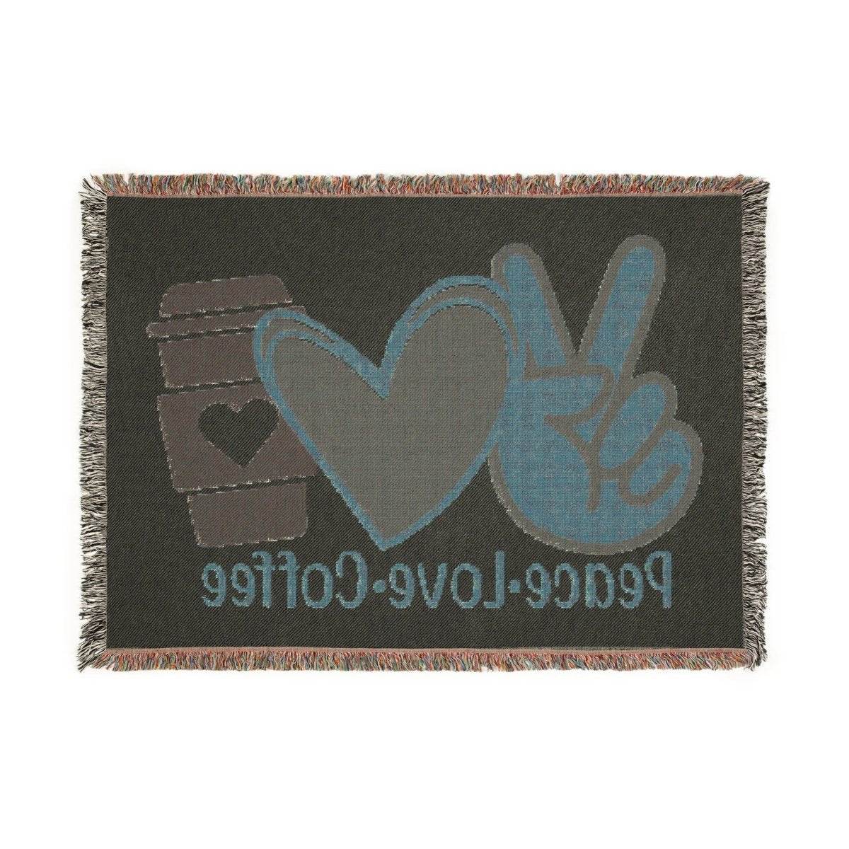 Printify eco-friendly woven blanket with peace love coffee design and fringe edges