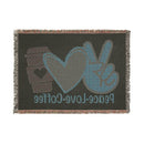 Printify eco-friendly woven blanket with peace love coffee design and fringe edges