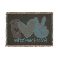 Printify eco-friendly woven blanket with peace love coffee design and fringe edges