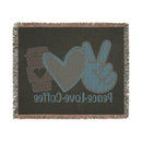 Printify eco-friendly woven blanket with coffee cup heart and peace sign design in muted colors
