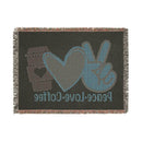Printify eco-friendly woven blanket with peace sign heart and coffee cup design