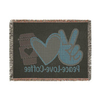 Printify eco-friendly woven blanket with peace sign heart and coffee cup design