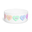 White pet bowl with colorful heart shapes and text featuring XOXO design pet bowl from Printify