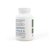 White bottle of vegan CoQ10 supplement with detailed usage and safety information label